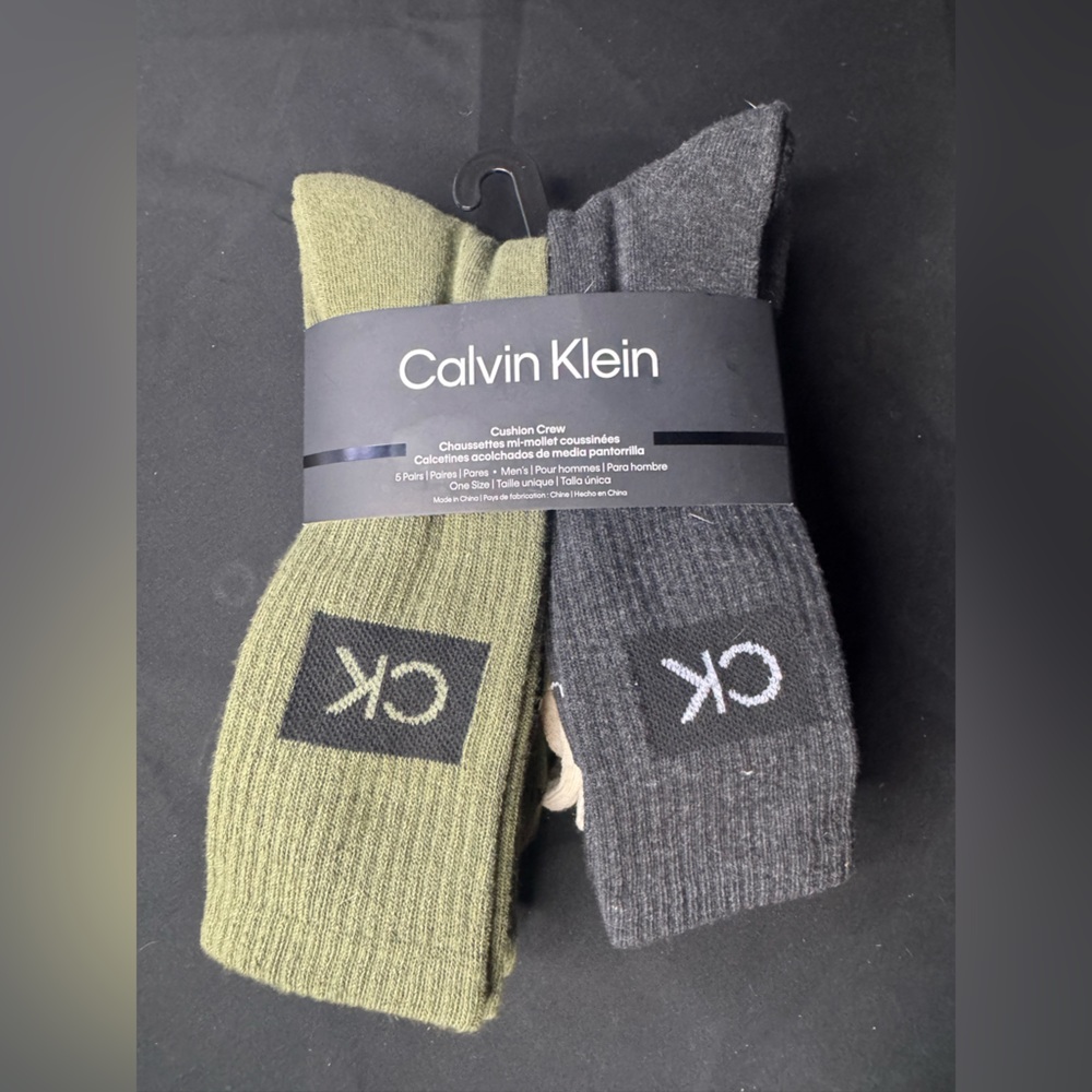 Calvin Klein 5 pair Ribbed Crew Socks Duo - Olive Green, Tan & Charcoal